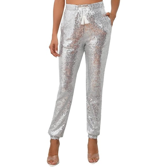 Pants - Womens Large Silver Polyester Glitter Sequin Joggers Pants